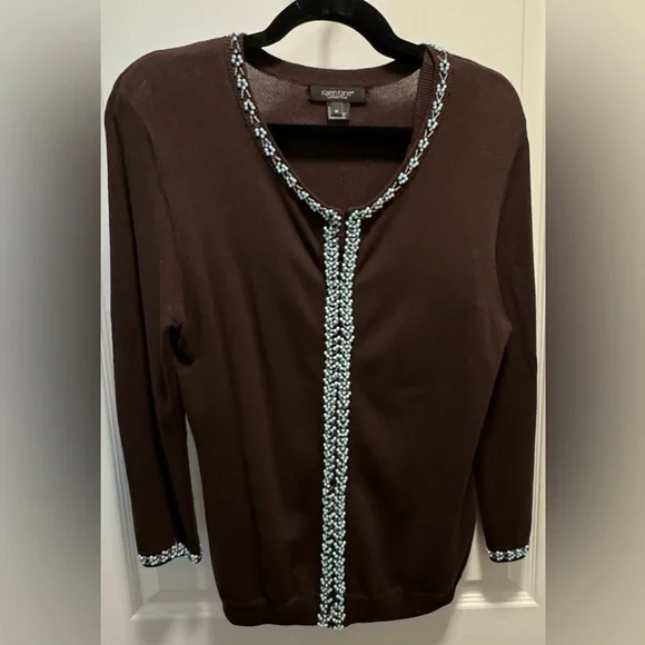 2 piece Karen Kane brown cardigan set - sweater size M, tank size M, teal beads - Picture 2 of 9